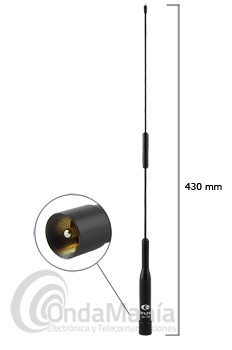 KOMUNICA POWER PWR-NR-77B ANTENA DOBLE BANDA 144/430 MHZ DE COLOR NEGRO - Antena doble banda 144 y 430 Mhz de reducidas dimensiones solo 430 mm y de color negro, tiene una ganancia de 2,15 dBi en UHF, 100 W de potencia y conector PL