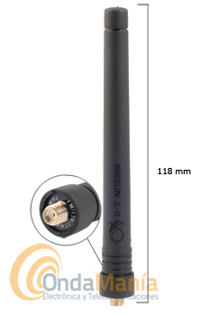 ANTENA DOBLE BANDA PARA EL DYNASCAN DB-65 CON CONECTOR SMA FEMALE - Antena original doble banda para el Dynascan DB-65 compatible con cualquier walky que utilice conector de antena SMA female o SMA hembra invertido, con una longitud de 118 mm.