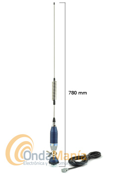 SIRIO SUPER 900 CHROME BLUE LINE - Antena de 27 Mhz o para la banda de 10 mts, con 780 mm de longitud, varilla cónica de acero inox. base tipo 