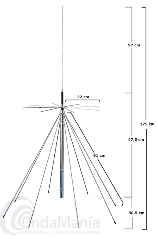 KOMUNICA PWR-D-130 ANTENA DISCONO WIDE BAND DE 25 A 1300 MHZ - Antena discono con un ancho de banda de 25 a 1300 Mhz en RX y de 50, 144, 430, 900 y 1200 Mhz en TX, tiene una altura de 1750 mm, 2 dBi de ganancia y conector  tipo PL. Incluye 15 metros de cable aprox. con conectores PLs soldados en sus extremos.