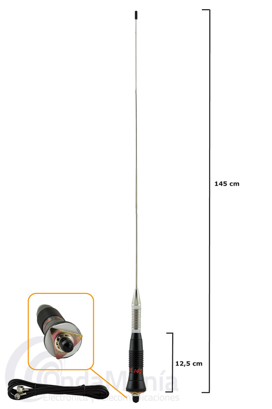 ANTENA COMPLETA PARA BANDA CIUDADANA TELECOM CB-27 LS-145C / SUPER STAR P-145  - La LS-145 es una antena para la banda de 27 MHZ. (CB) con base PL y cable coaxial con 4.5 mts. aprox. con conectores en los extremos del cable.