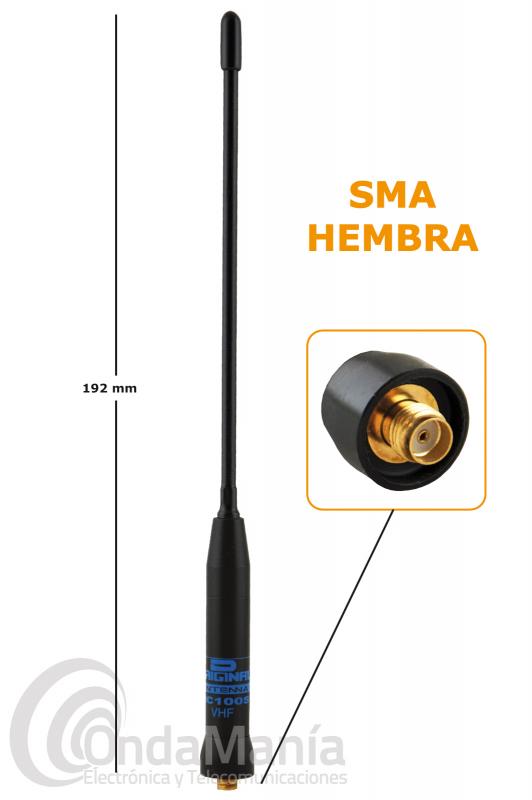 D-ORIGINAL DX-HC-100 SMAF ANTENA MONO-BANDA VHF CON SMA INVERTIDO O FEMALE - D-Original DX-HC-100SMAF antena flexible de porreta con un ancho de banda ajustable entre 134 y 174 Mhz. con una longitud de 192 mm. y con conector “SMA”  hembra o female.