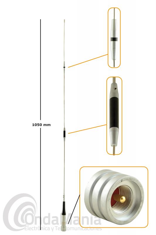 ANTENA DOBLE BANDA 144/ 430 MHZ PARA MOVIL JETFON SG-7500 - Antena para mvil doble banda 144 Mhz y 430 Mhz Jetfon SG-7500 con conector tipo PL, tiene una longitud de 1,05 mts, 330 g de peso y una ganancia de 3,5 dB en VHF y 6,0 dB en UHF.