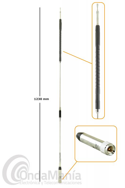 ANTENA MOVIL CUATRIBANDA KOMUNICA PWR-4CROSS 10M, 6M, 2 M, 70 CM. - Antena cuatribanda para móvil Komunica PWR-4CROSS con un rango de frecuencias de 10 m, 6 m, 2 m y 70 cm, con conector PL , una longitud de 123 cm, 2,15 dBi en 10m, 6m y 2m y de 5,5 dBi en 70 cm, 60 W de potencia.