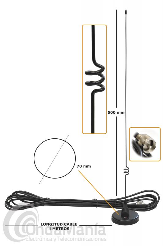 ANTENA MAGNETICA DOBLE BANDA UHF/VHF KOMUNICA KP-MINI-DUAL-PL - Antena móvil magnética doble banda UHF/VHF Komunica KP-MINI-DUAL-PL, con un base magnética de 7 cm de diámetro y una varilla con 50 cm de longitud, 4 metros aprox., de cable RG-58 y un PL macho en su extremo.