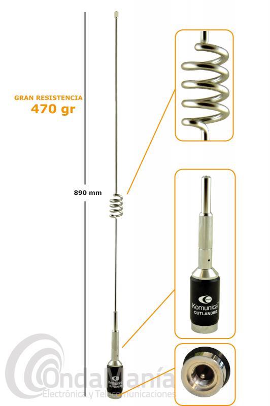 KOMUNICA OUTLADER ANTENA MOVIL DOBLE BANDA UHF-VHF SUPER ROBUSTA - Antena doble banda UHF - VHF super-robusta, ideal para 4 x 4, camiones, tractores,... con una longitud de 89 cm, es abatible, dispone de una ganancia de 5,5 dBi y un peso de 470 g aprox.