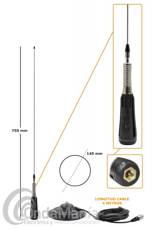 ANTENA DE BANDA CIUDADANA CB-27 PNI LED 2000 CON ILUMINACION+BASE MAGNETICA PNI-145PL - Pack compuesto de una antena para banda ciudadana CB-27 con conector PL y 90 cm de longitud, soporta una potencia de 500W, un ancho de banda de 26 a 28 Mhz., la antena incluye un elemento innovador en el campo de las antenas CB: la bobina de la antena se ilumina cuando la estación emite. Cuanto mayor sea la potencia de emisión, mayor será la intensidad de luz del LED y una base magnética  PNI145PL con un diámetro de 145 mm. 4 metros de cable con un conector PL macho en su extremo y es para antenas con conector PL.
