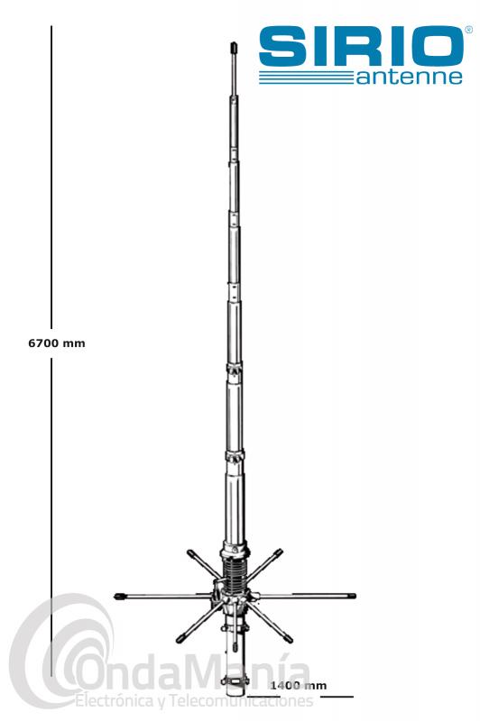 ANTENA DE BASE SIRIO 827 DE 5/8 PARA BANDA CIUDADANA CB-27 - La antena Sirio 827 es una antena de base de 5/8 para banda ciudadana CB-27 construida en aluminio, tiene 8 radiales, su rango de frecuencia es de 26 a 29 Mhz aprox., tiene una ganancia de 1,5 dBd  (3,65 dBi), una potencia max. de 1000 W, la longitud de la antena es de 6,70 mts y la de sus radiales es de 1,4 mts. El conector de la base es tipo PL (SO239).