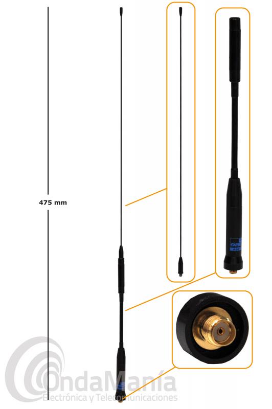 ANTENA DOBLE BANDA D-ORIGINAL DX-SRH-760 SMAF CON CONECTOR SMA FEMALE Y DOS TRAMOS - Antena doble banda UHF y VHF para walki talki D-Original DX-SRH-760 SMAF con conector SMA hembra female, tiene una ganancia de 2,15 dBi en VHF y 3,50 dBi en UHF y una longitud de 475 mm,...