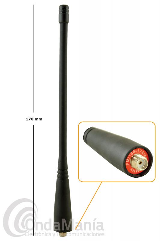 ANTENA DOBLE BANDA ORIGINAL PARA EL KOMBIX UV-5R - Antena doble banda UHF y VHF original para el Kombix UV-5R con conector SMA female (SMA invertido) con una longitud de 17 cm.