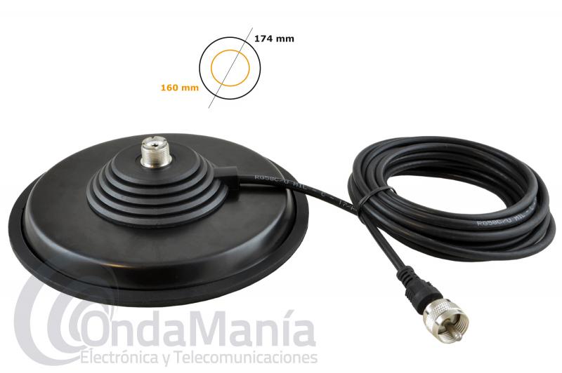 TELECOM BM-160PL BASE MAGNETICA PL - Base magntica extraplana con conector PL, tiene un dimetro de 16 cm en caucho con 4 metros de cable RG-58 y  un conector PL macho en su extremo, incluye goma protectora en la parte baja.