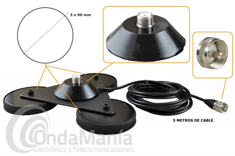 KOMUNICA TRIPLE MAG BASE MAGNETICA TRIPLE 3X9 CM CON CONECTOR PL - Base magntica triple con conector PL, las tres bases tienen un dimetro de 3 x 90 mm, ideal para antenas grandes, incluye 5 metros de cable RG-58 con PL macho en su extremo.