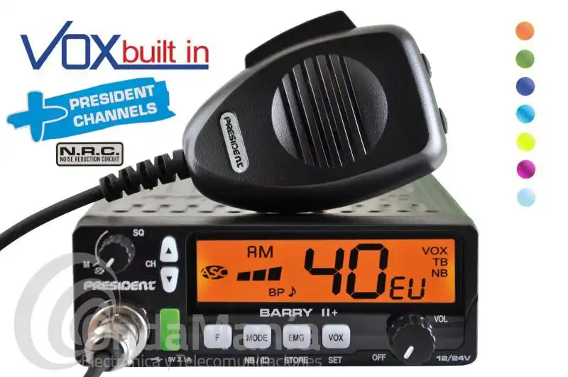 PRESIDENT BARRY II + AM/FM ASC 12/24V EMISORA DE BANDA CIUDADANA CB 27 MHZ+PRESIDENT CHANNELS+NCR
