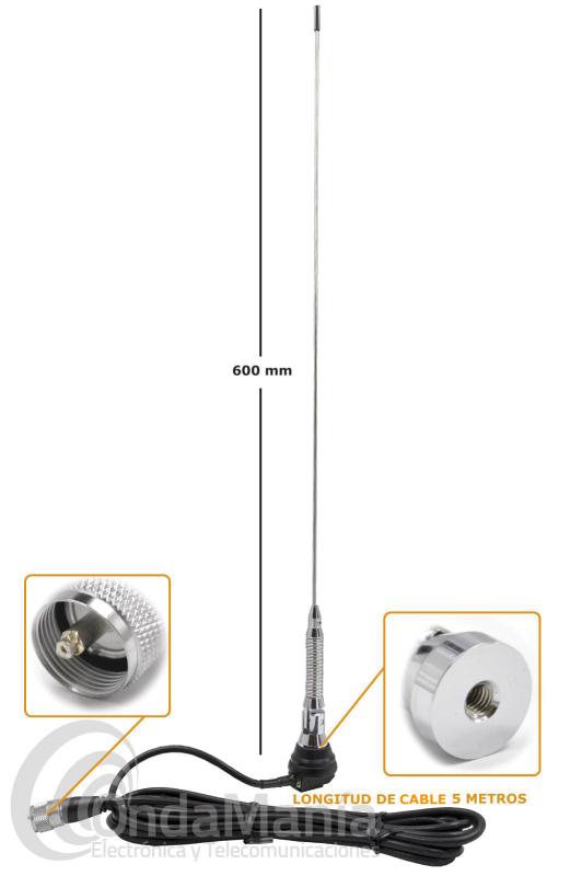 ANTENA MOVIL DE 1/4 DE VHF TELECOM SMA-4PM - Antena móvil de VHF de 1/4 de onda con un ancho de banda de 136 a 175 Mhz., con muelle, 60 cm de longitud y 175 W de potencia máxima. Incluye 5 metros aprox. de cable RG-58 con un conector tipo PL en su extremo.