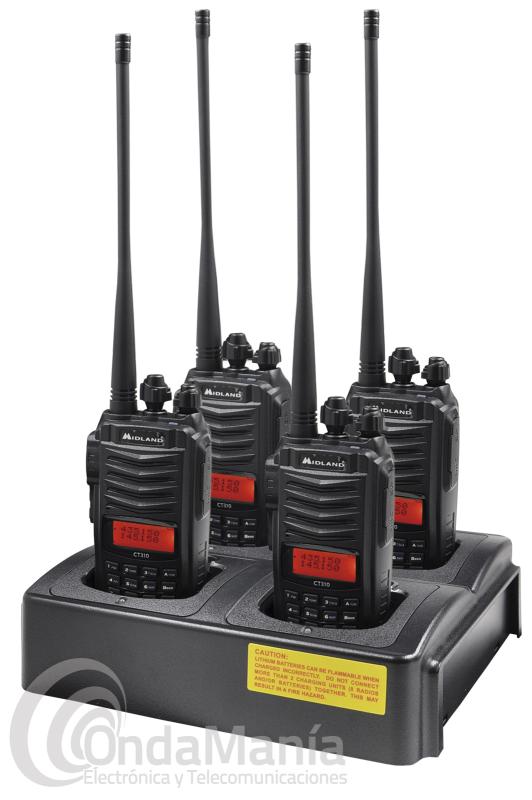 PACK DE 4 WALKIES MIDLAND CT-310 UHF-VHF CON RADIO FM+CARGADOR MULTIPLE+PINGANILLOS DE REGALO