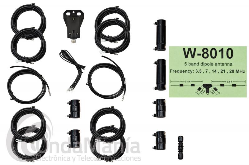  W-8010 DIPOLO DE HF CON 5 BANDAS 3.5, 7, 14, 21, 28 MHZ Y 500 W DE POTENCIA MAXIMA - Dipolo multi-banda 5 bandas con balun: 3.5, 7, 14, 21 y 28 Mhz con una potencia mxima de pico de 500 W.