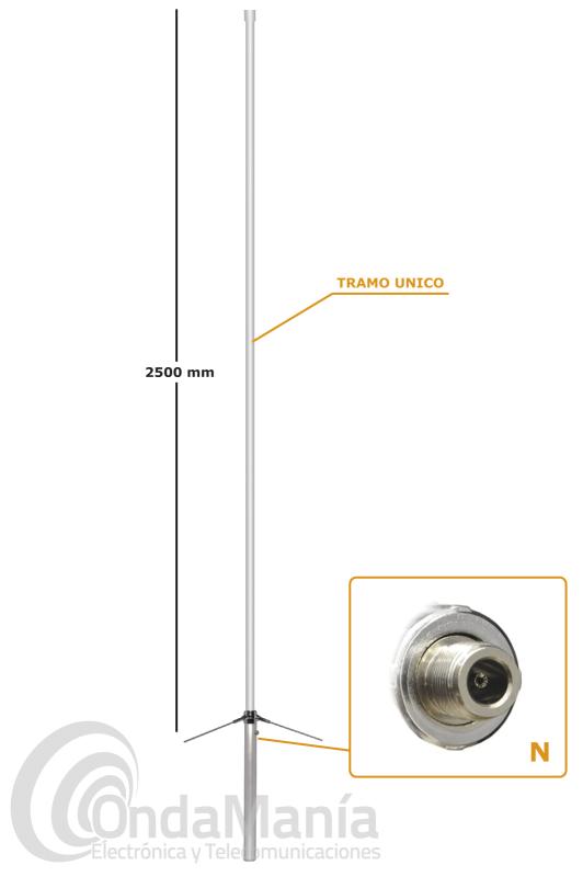 D-ORIGINAL X-200-1-NW ANTENA DOBLE BANDA DE BASE CON 1 SOLO TRAMO - Antena de fibra doble banda UHF - VHF con una longitud de 2,5 m en un solo tramo, con conector N, 6 dBi en VHF y 8 dBi en UHF, con 350 W de potencia mxima.