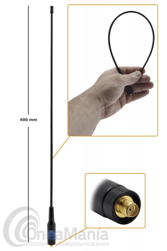 ANTENA DOBLE BANDA VHF-UHF D-ORIGINAL DX-SRH771-R-SMAF CON CONECTOR SMA HEMBRA - FEMALE - Antena doble banda UHF y VHF para walki talki D-Original DX-771SMAF / DX-RH-771-SMA-FEMALE muy flexible con conector SMA hembra FEMALE, tiene una longitud de 40 cm y 10 W de potencia mxima.