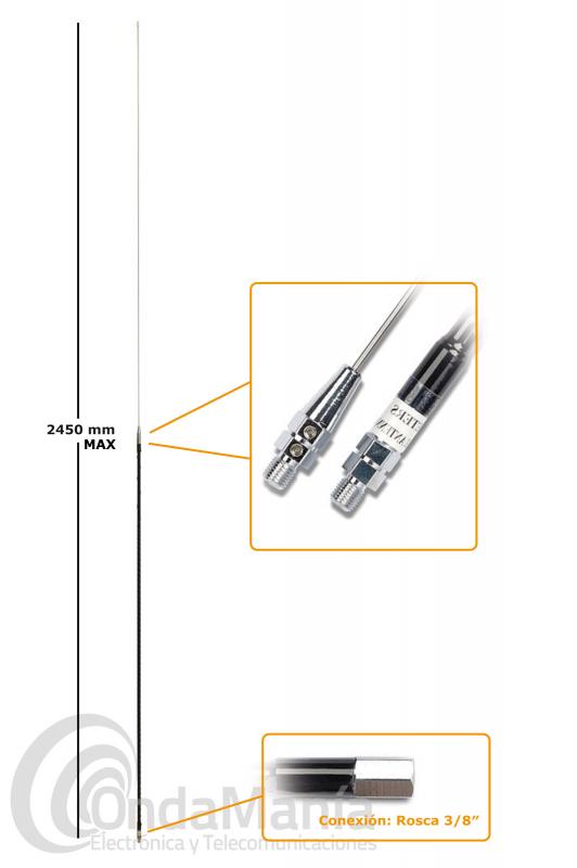 ANTENA MOVIL MOONRAKER AMPRO-80 PARA 3,5 MHZ O BANDA DE 80 M. CON CONECTOR DE 3/8 - Antena para móvil con conector de 3/8 para la banda de 3,5 Mhz o 80 metros, tiene una longitud de 245 cm y soporta una potencia máxima de 250 W.