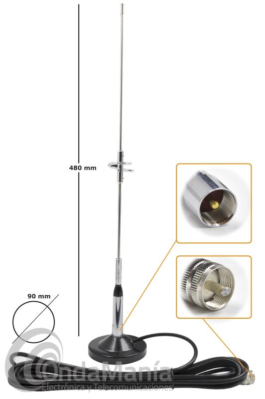 ANTENA MAGNETICA DOBLE BANDA 144 / 430 MHZ  MOONRAKER MAG-270S  - Antena móvil doble banda de VHF y UHF con 480 mm de longitud Moonraker MAG-270S, la base magnética tiene un diámetro de 90 mm y 4 metros aprox. de cable RG-58 con un conector PL macho en su extremo