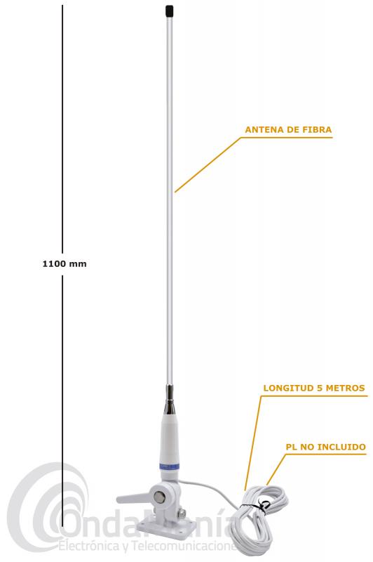 ANTENA NAUTICA DE FIBRA SIRIO CRUISER VHF 1/2 ONDA, INCLUYE SOPORTE DE CUBIERTA - Antena náutica VHF 1/2 onda en fibra maciza tipo látigo y bobina de carga en la base con una ganancia 2.15 dBi, potencia máxima recomendable 100W y tiene un rango de frecuencia de 154 - 162.5 MHz, una longitud 1.10 m, la antena incluye de serie base abatible de montaje en cubierta M8 y 5.5 mts. cable RG58 blanco, no incluye conector a la emisora, la antena no precisa plano de tierra.