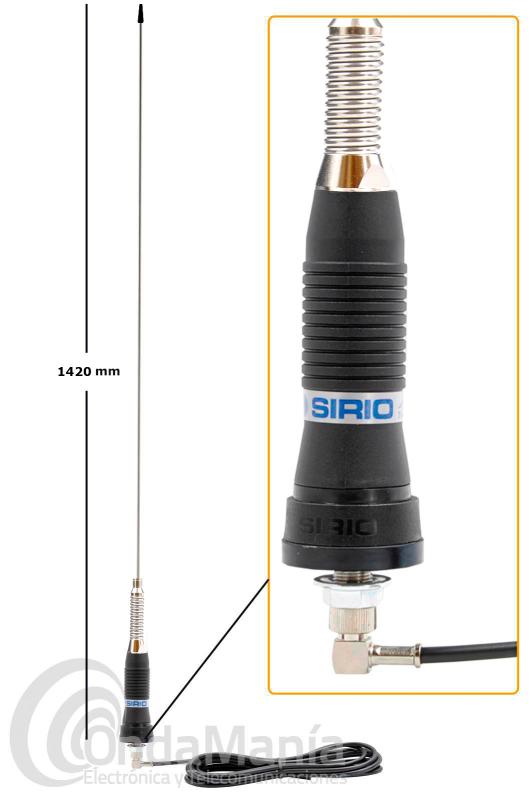 ANTENA DE MOVIL DE BANDA CIUDADANA CB-27 SIRIO ML-145N - Antena de banda ciudadana CB-27 tipo PL con muelle en la parte superior de la bobina. Es de la serie ML-PL con un rango de frecuencia de 27 a 28,5 MHz. Es una antena ajustable mediante corte y ajuste fino en bobina, su ancho de banda es de 120 CH. 1340 KHz y tiene una potencia máxima de 300 W  en  AM-FM y de 900 W en SSB