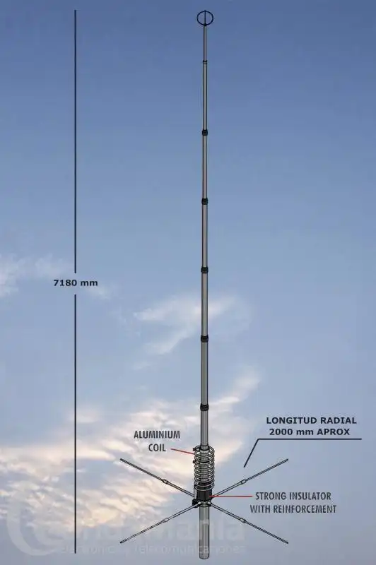 ANTENA DE BASE SIRIO MONSOON PARA 10 Y 11 METROS DE 5/8 Y 3000 W EN SSB - Antena base Sirio Monsoon para 10 y 11 metros,  5/8, omnidireccional con un rango de frecuencia ajustable entre 26 y 30 MHz con plano de tierra con 4 radiales de 2 metros de longitud, ajuste en tramo inferior 