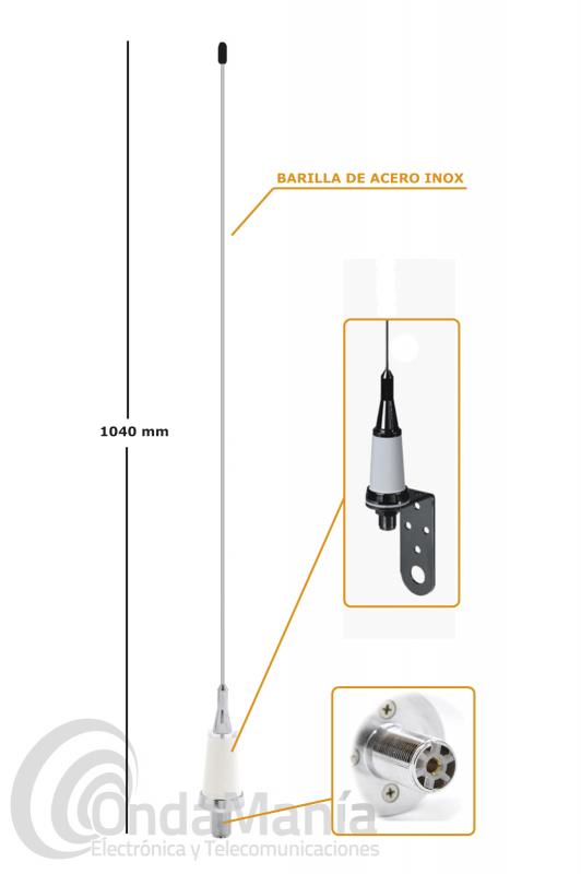 ANTENA NAUTICA  DE VHF SIRIO SB-2S INOX 1/2 ONDA, INCLUYE SOPORTE PARA MASTIL