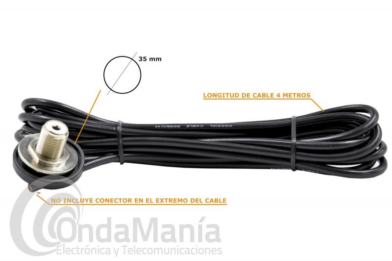 D-ORIGINAL C-4 BASE PL+CABLE, IDEAL PARA ANTENAS DE LA SERIES SANTIAGO Y SUPER SANTIAGO - El Telecom C-4 esta compuesto por una base PL acodada y tuerca de disco con cable RG-58 con 4 mts. aprox. de longitud, no incluye conector en el extremo del cable, la base PL es ideal para las antenas de la series Santiago, Sirio HI-Power 4000 o para la gran mayoría de antenas que tengan conector PL macho. Ideal para instalarla en el chasis del vehículo o en un soporte.