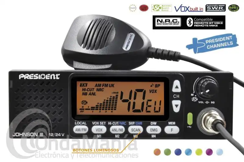 PRESIDENT JOHNSON III ASC 12/24V EMISORA BANDA CIUDADANA MULTI-NORMA EUROPEA+CANALES PRESIDENT