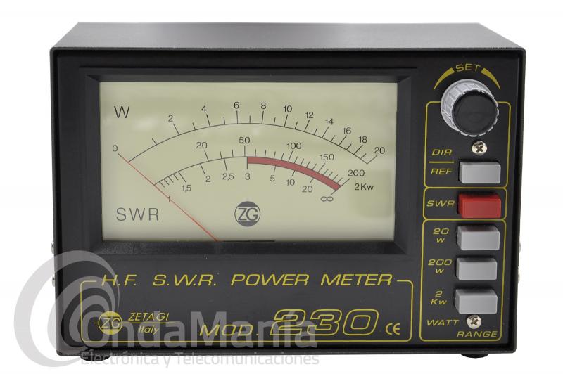 MEDIDOR DE ESTACIONARIAS ROE Y POTENCIA ZETAGI 230 DE 2 A 30 MHZ Y 2 KW PEP DE POTENCIA MAX. - Medidor de ROE ondas estacionarias y potencia con un rango de frecuencia de 2 a 30 Mhz , 2 KW PEP  o 1000 W en AM y SSB de potencia máxima, dispone de un instrumento de gran tamaño, el medidor dispone de 3 escales de potencia: 20 W, 200 W y 2 KW.