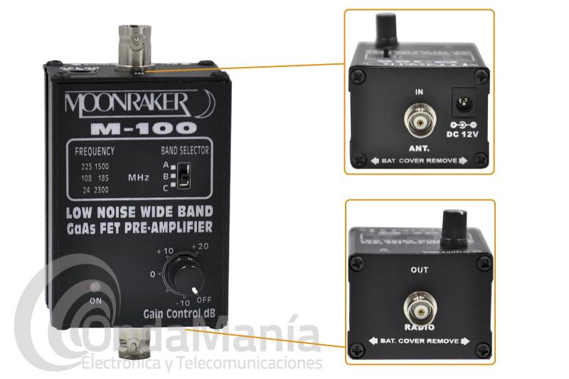 MOONRAKER M-100 PRE-AMPLIFICADOR DE 225 A 1500 MHZ, 108 A 185 MHZ Y 24 A 2300 MHZ - Pre-amplificador Moonraker M-100, sin alimentador, con tres bandas de frecuencia: banda A de 225 a 1500 Mhz, banda B de 108 a 185 Mhz y banda C de 24 a 2300 Mhz con una ganancia de -10 a + 22 dB, utiliza conectores BNC e incluye latiguillo de antenas con conectores BNC machos