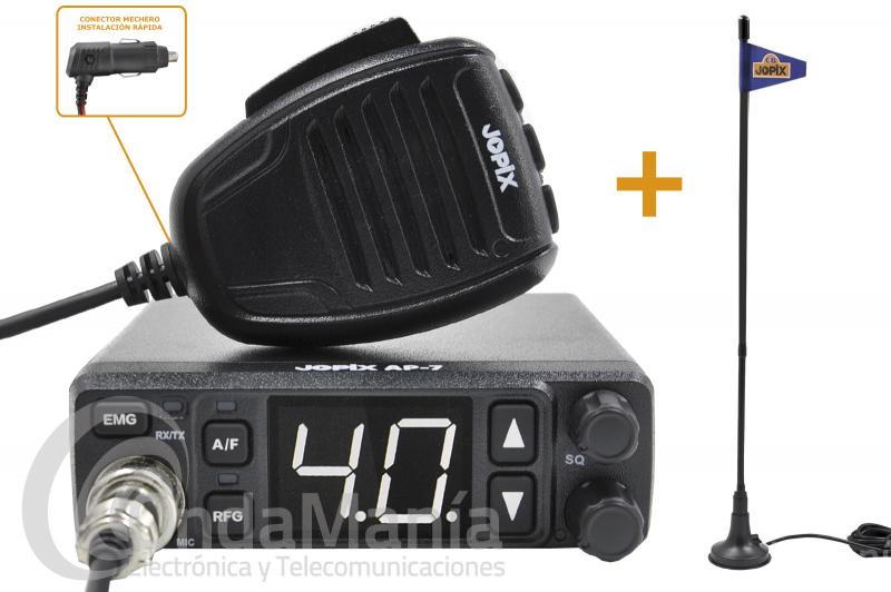 PACK COMPUESTO POR UNA  EMISORA DE BANDA CIUDADANA AM/FM JOPIX AP-7 Y ANTENA MAGNETICA JETFON MAG-7 - Pack de instalación rápida compuesto por una emisora de banda ciudadana CB-27 Jopix AP-7 multi-norma con conector de encendedor y una mini antena flexible magnética Jetfon MAG-7, el micrófono de la emisora incluye subida y bajada de canales.