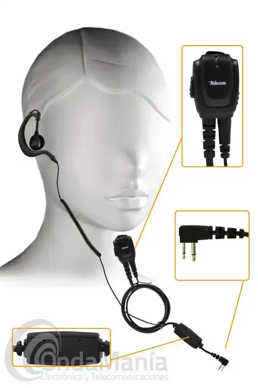 TELECOM JD-23-ICA25 PINGANILLO PARA EL WALKIE TALKIE ICOM IC-A25 - Micro-auricular o pinganillo Telecom de gama profesional, IP-54 con cable negro rizado en su auricular, compatible con los walkie talkies IC-A25CE, IC-A25C, IC-A25NE,..