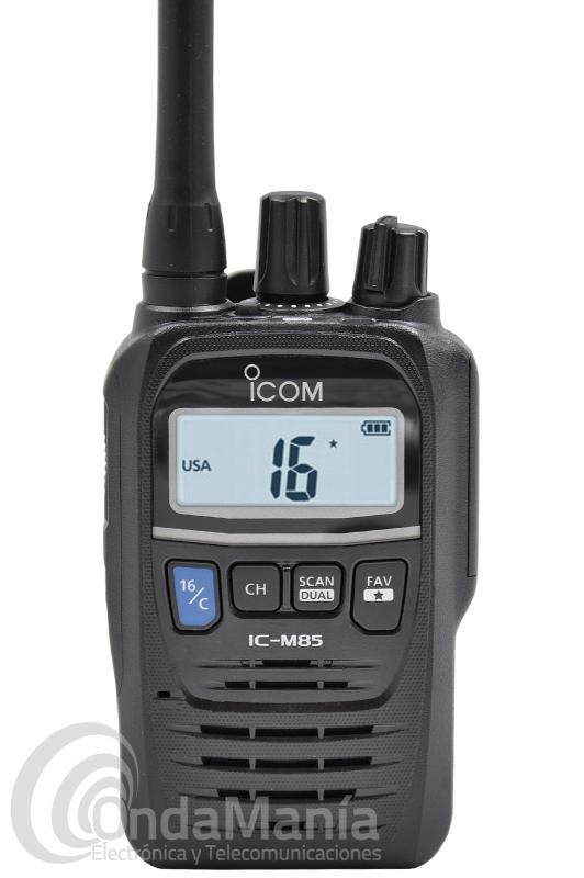 WALKIE TALKIE MARINO PMR DE VHF ICOM IC-M85 CANALES MARINOS Y PMR VHF - El Icom IC-M85E es un walkie talkie híbrido de canales marinos y canales PMR de VHF (136 - 174 Mhz), es compacto y ligero, potente audio con 700 mW, construcción robusta, normas IP-67 y MIL STD810,....