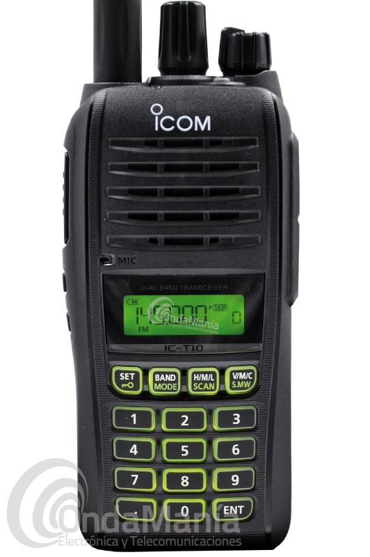 WALKIE TALKIE DOBLE BANDA+RADIO FM ICOM IC-T10 CON 5 W, IP67, 208 CANALES DE MEMORIA+PORTES GRATIS - Walkie talkie analógico doble banda UHF y VHF Icom IC-T10 es un equipo compacto y robusto, fácil de manejar y con un gran rendimiento. Cumple IP67 a prueba de polvo y resistente al agua y también las normas MIL STD810-G. El Icom IC-T10 incluye en el panel superior un botón de inicio para acceso rápido al canal de llamadas. Además destaca por su gran calidad de audio claro y nítido con 1.5 W de potencia.
