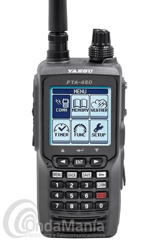 WALKIE TALKIE DE BANDA AEREA YAESU FTA-450L - El Yaesu FTA-450 es un walkie talkie de banda aérea elegante y sólido, dispone de una pantalla LCD de matriz de puntos de 1,7
