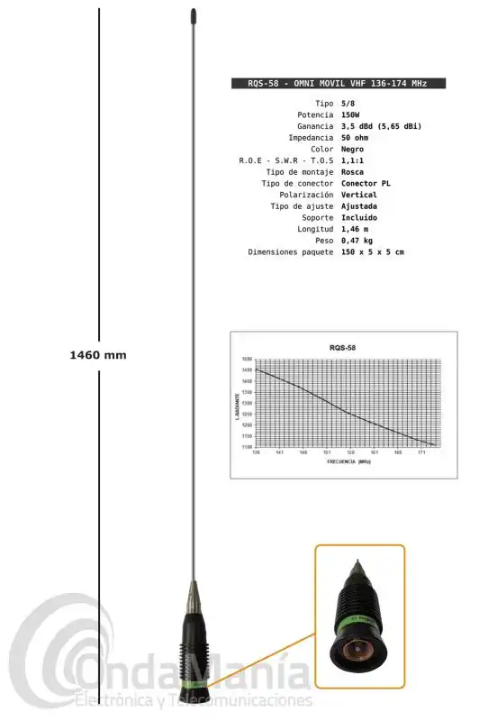 TAGRA RQS-58 ANTENA MOVIL DE VHF 136 - 174 MHZ CONECTOR PL