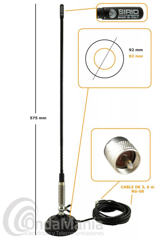 SIRIO T3-27 MAG ANTENA MOVIL PARA CB CON BASE MAGNETICA - Antena Sirio para banda ciudadana 27 Mhz con base magnética, una longitud de 575 mm, una ganancia de 2,5 dBi, con rótula, podemos orientarla 90 grados aprox.,la base magnética incluye 3,5 mts de cable RG-58 y un conector macho PL en su extremo.