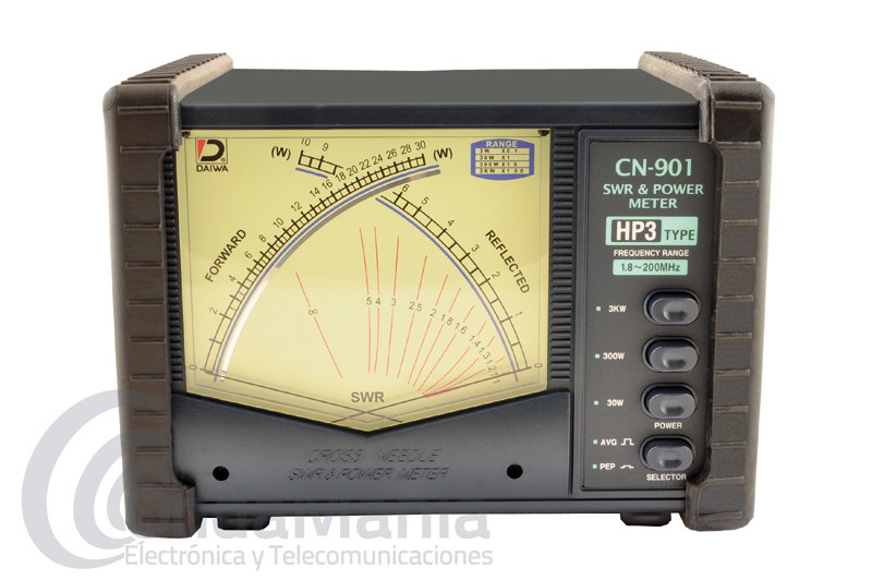 DAIWA CN-901HP3 MEDIDOR DE ROE Y WATIMETRO DE 1,8 A 200 MHZ Y 3 KW - Medidor de estacionarias ROE y watmetro de agujas cruzadas con un rango de frecuencia de 1,8 a 200 Mhz y tres escalas de potencia 30, 300 y 3000 W, dispone de conectores PL y requiere alimentacin 13,8 V para su funcionamiento.