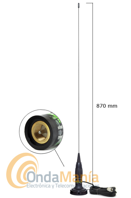 PRESIDENT MONTANA ANTENA MAGNETICA CB - Antena de 27 Mhz para banda ciudadana con base magnética y con una longitud de 870 mm y 3 dBi de ganancia